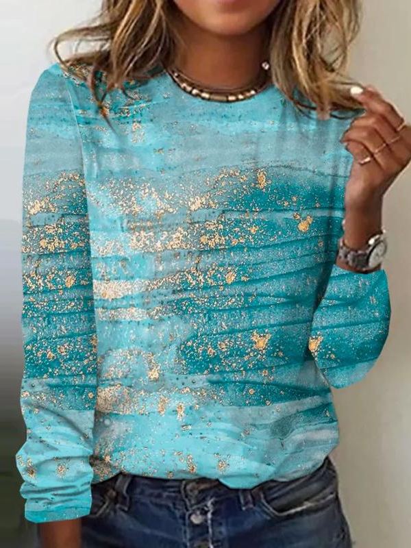Women's Long Sleeve T-shirt Spring/Fall Cyan Abstract Printing Jersey Crew Neck Daily Going Out Casual Top