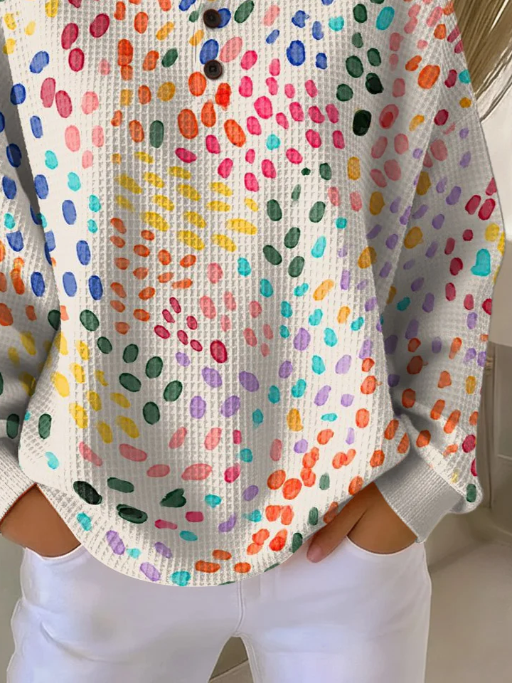 Women's Abstract Print Button-Up Casual Waffle Knit Sweatshirt