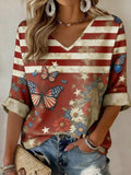 3D Printing V Neck America Flag Floral 250th Anniversary Butterfly Spring Summer Casual T-Shirt