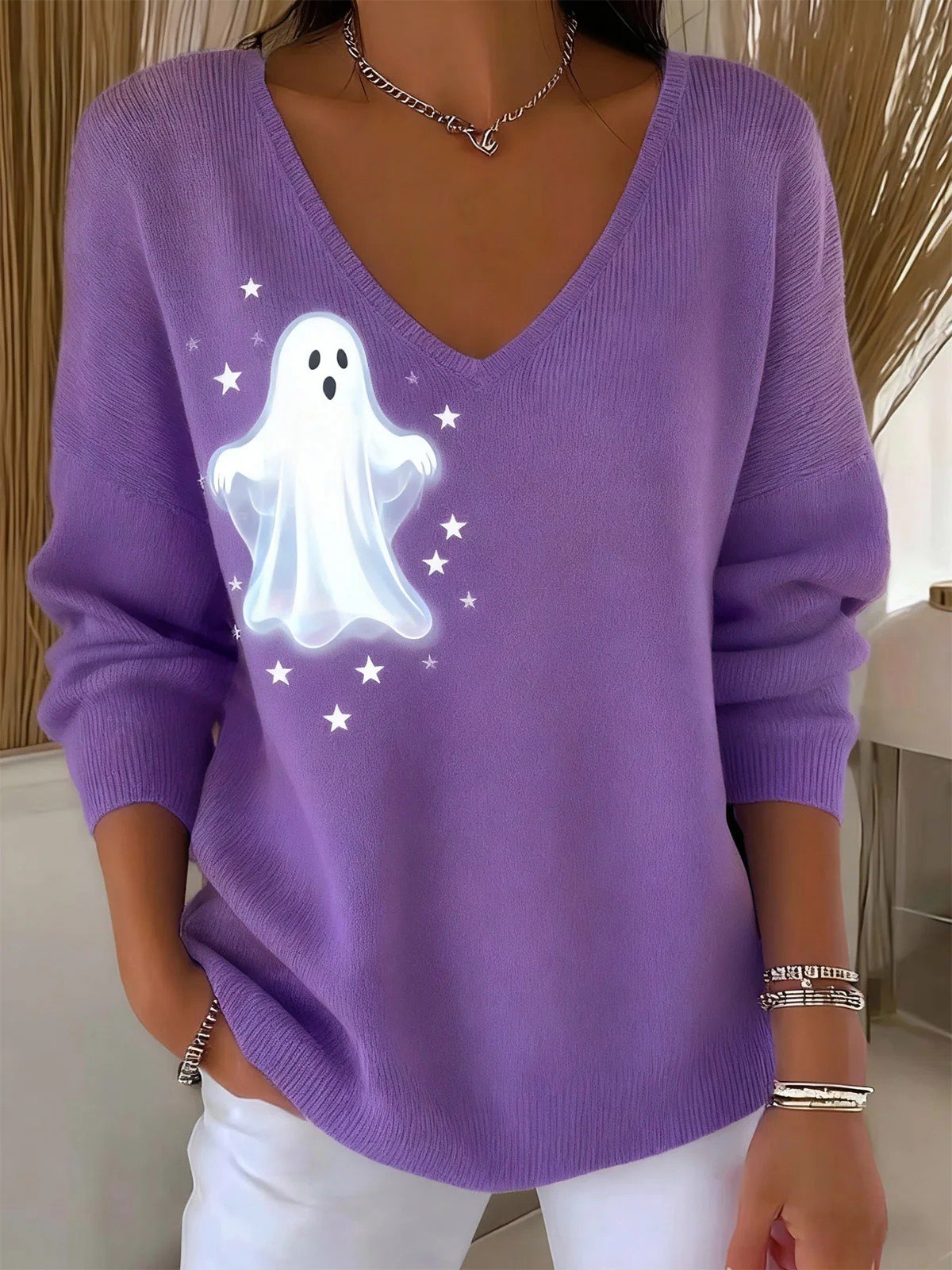 V Neck Halloween Loose Casual Knit Top