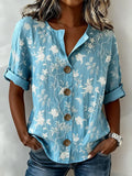 Women's Long Sleeve Shirt Spring/Fall Blue Floral Buckle Stand Collar Daily Going Out Casual Top