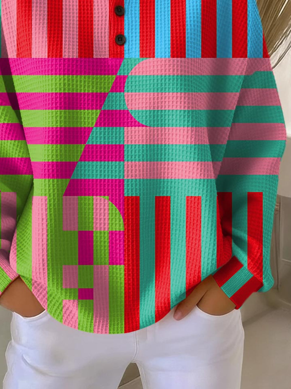Women's Abstract Print Button-Up Casual Waffle Knit Sweatshirt