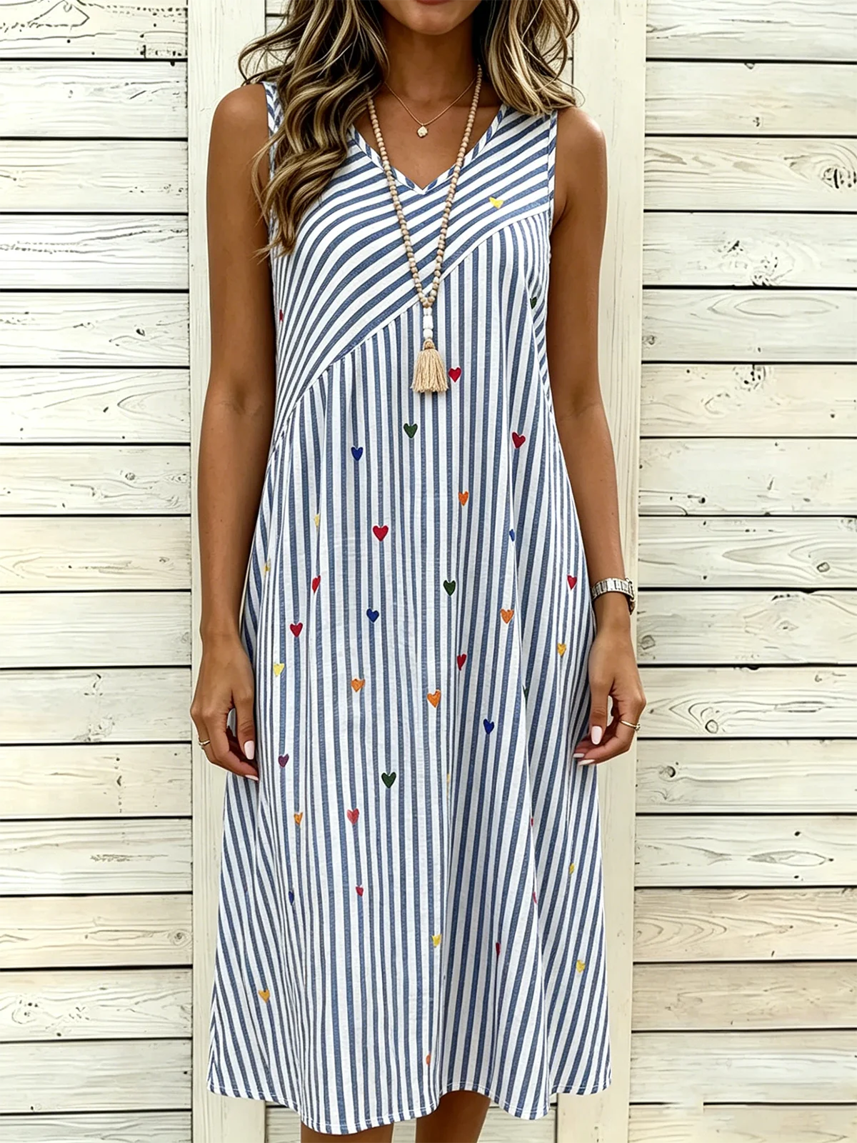 Women’s Vertical Stripe Heart Print Sleeveless V Neck Midi Dress Casual Boho Sundress