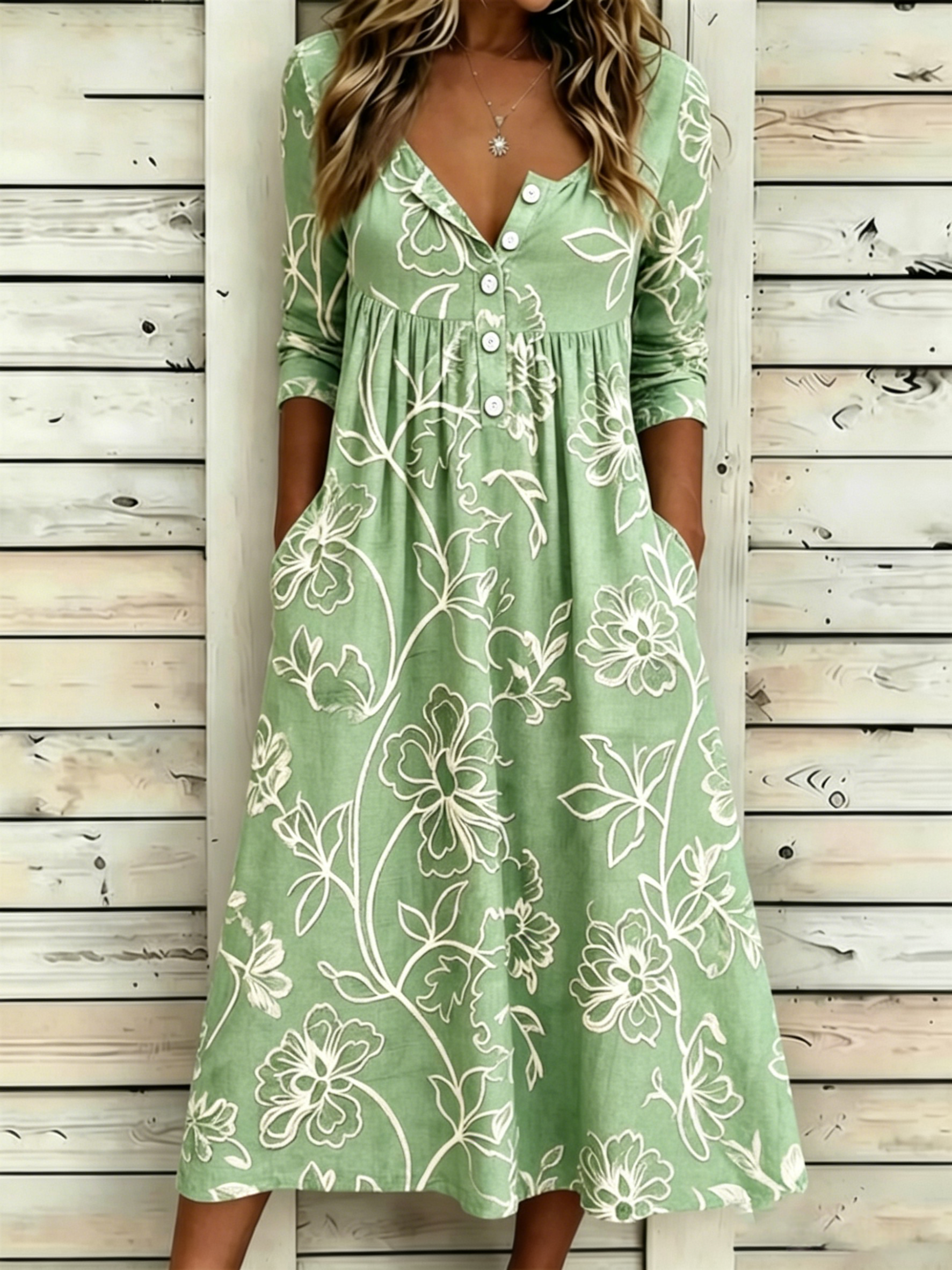Floral Vintage Half Open Collar Dress With No