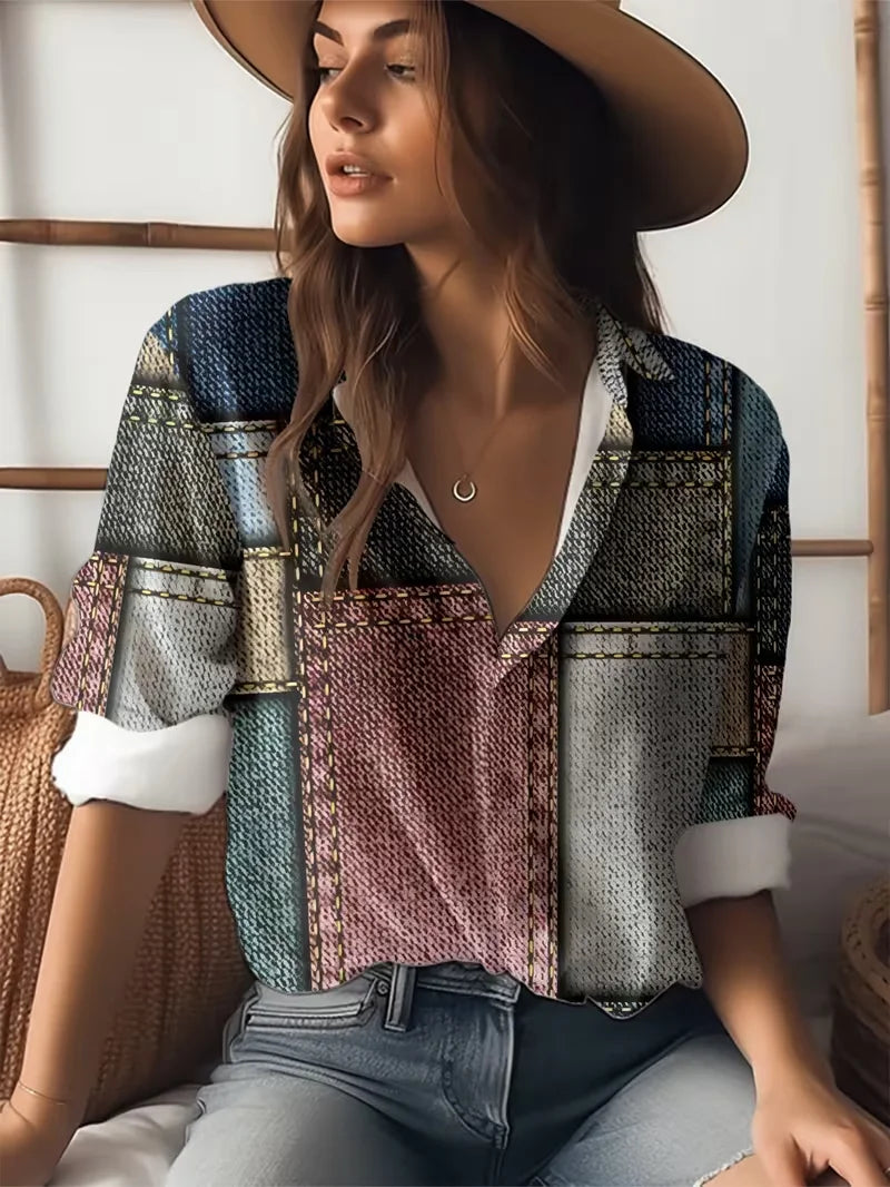 Women's Long Sleeve Shirt Spring/Fall As Picture Abstract Buckle Shirt Collar Regular Sleeve Daily Going Out Casual Top