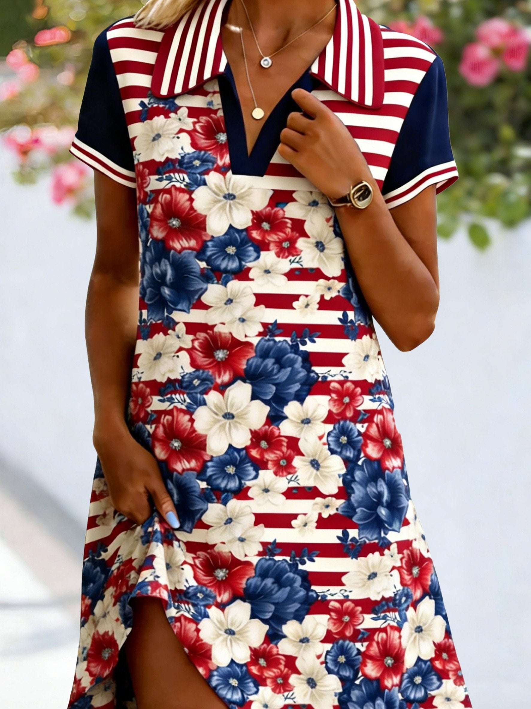 3D Printing Floral Pattern Short Sleeve V Nek America Flag Summer Casual Shirt Dress