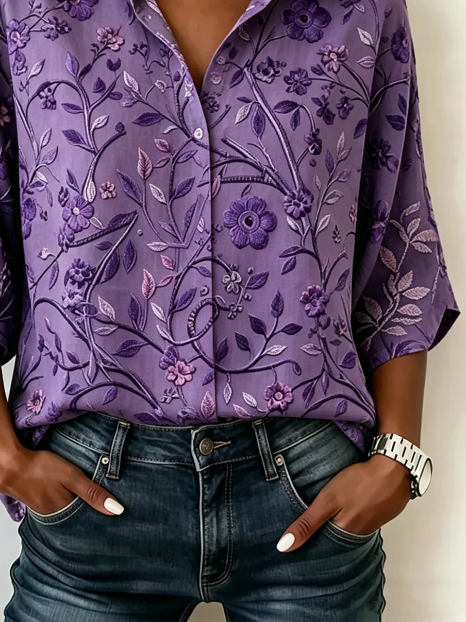 Loose Vintage Floral Shawl Collar Blouse