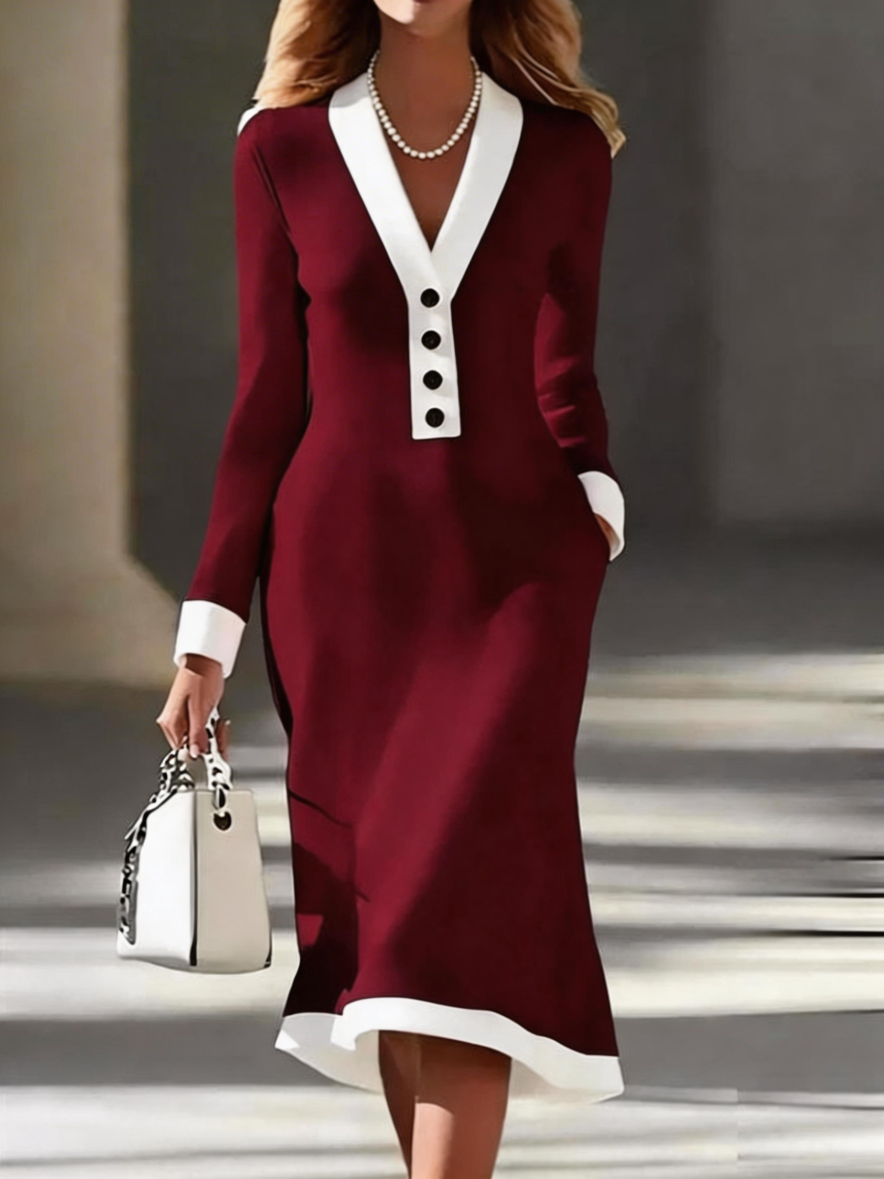 Women's Black Long Sleeve White Trim V Neck Midi Dress Elegant Bodycon Dress