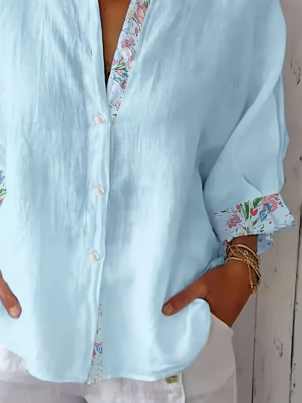 Women's Three Quarter Sleeve Shirt Spring/Fall Blue Floral Printing Shirt Collar Daily Going Out Casual Top