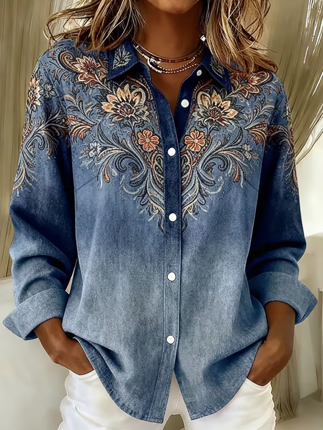 Shirt Collar Casual Faux Denim Print Graphic Loose Shirt