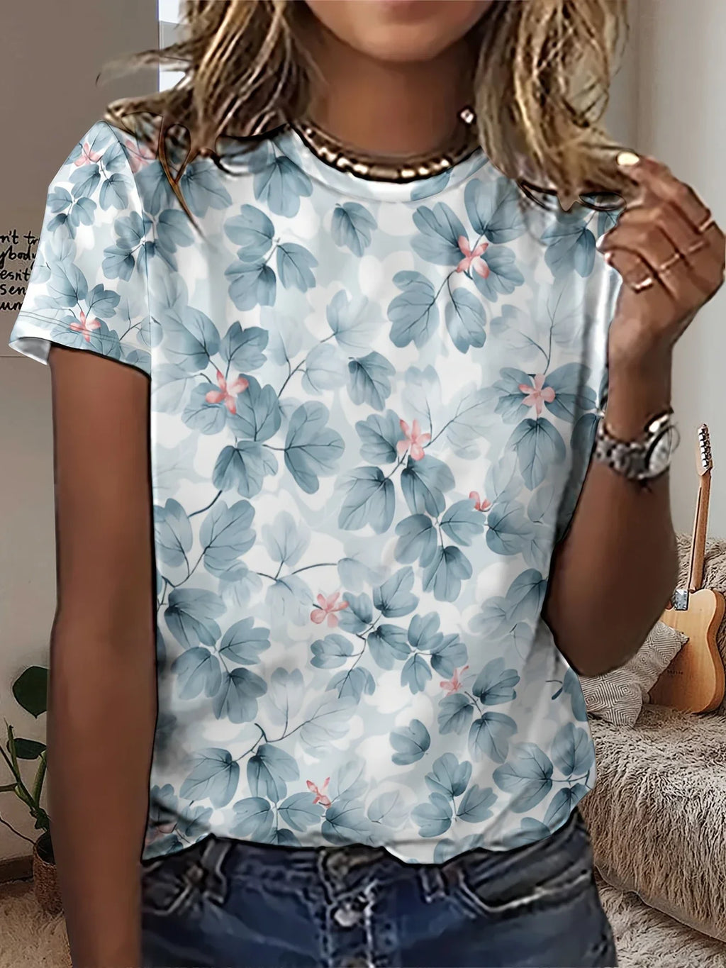 Women's Short Sleeve T-shirt Summer Blue Floral Printing Crew Neck Daily Going Out Casual Top
