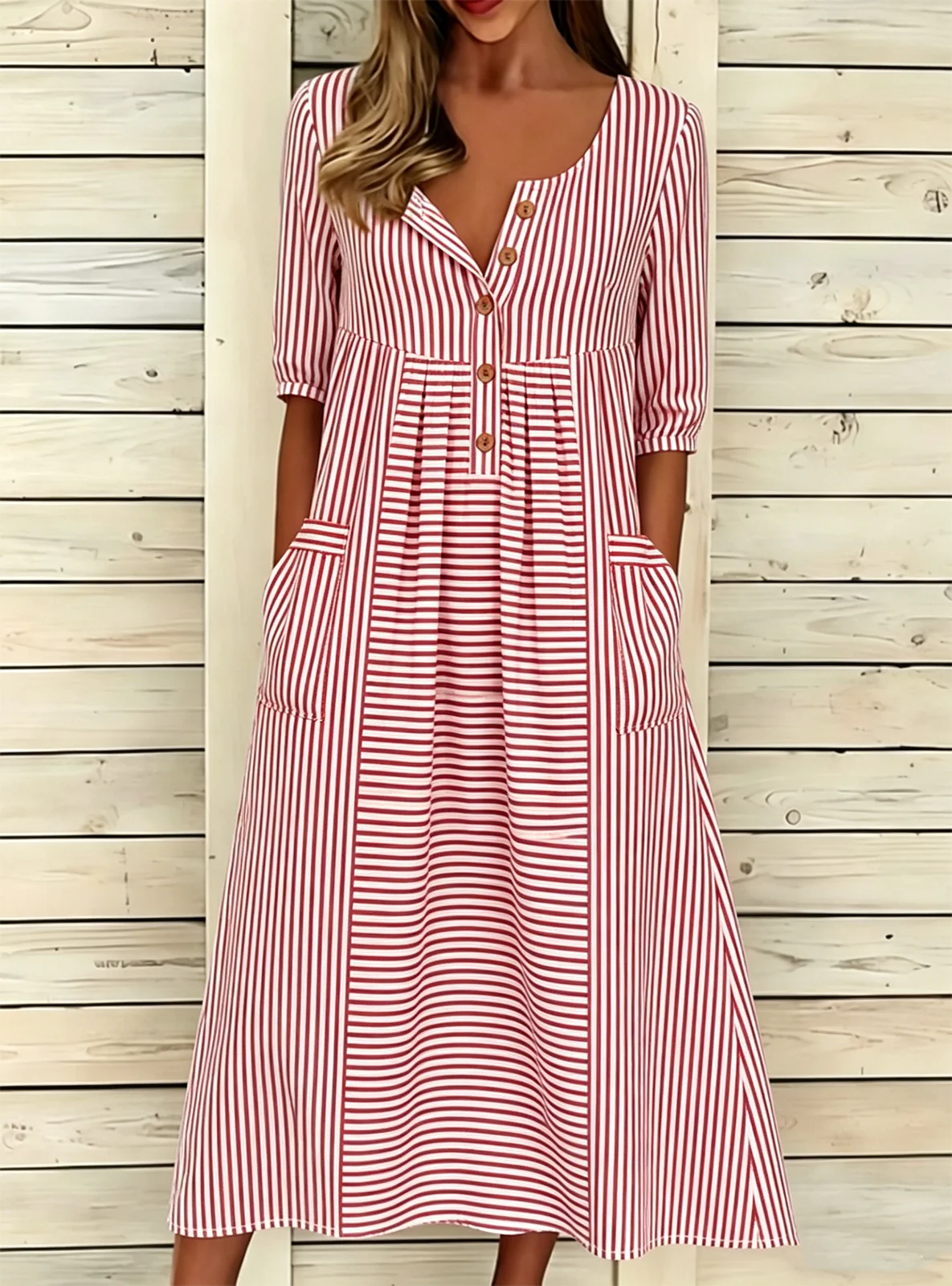 Loose Striped Vintage Half Open Collar Dress With No