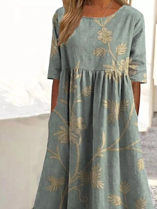 Loose Vintage Floral Crew Neck Dress With No