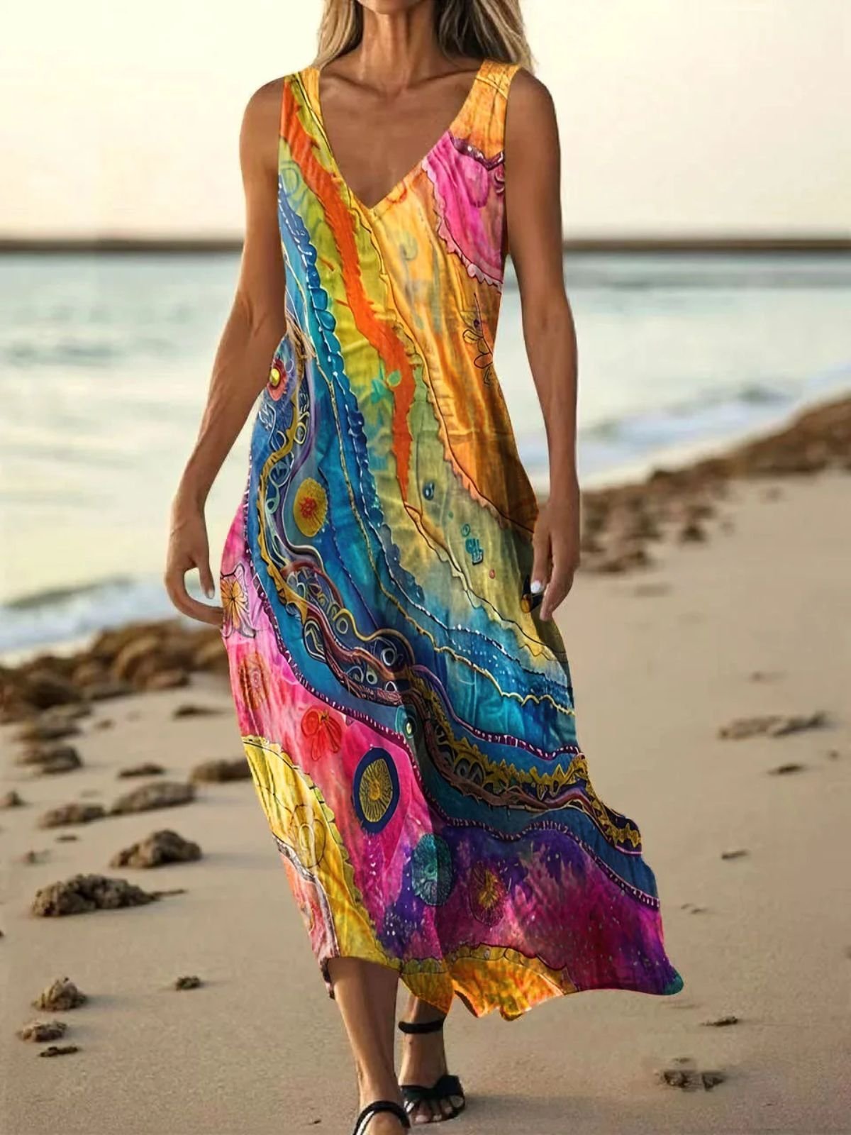 Casual Multicolor Block V Neck Dress With No