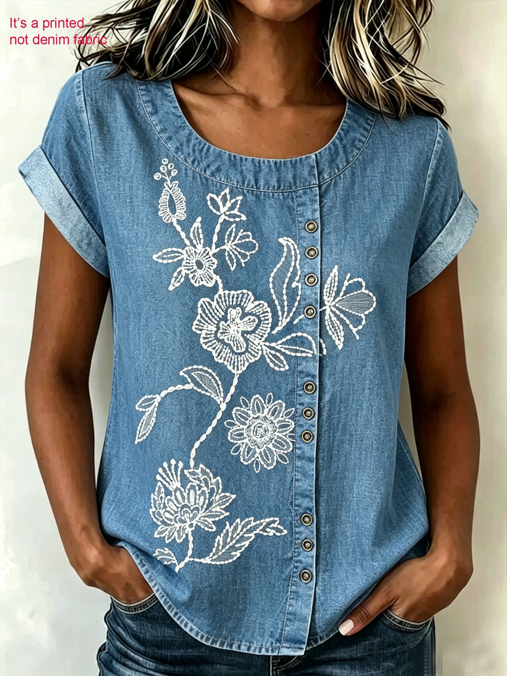 3D Printing Denim Blue Casual Linen Blend Crew Neck Loose Casual Top