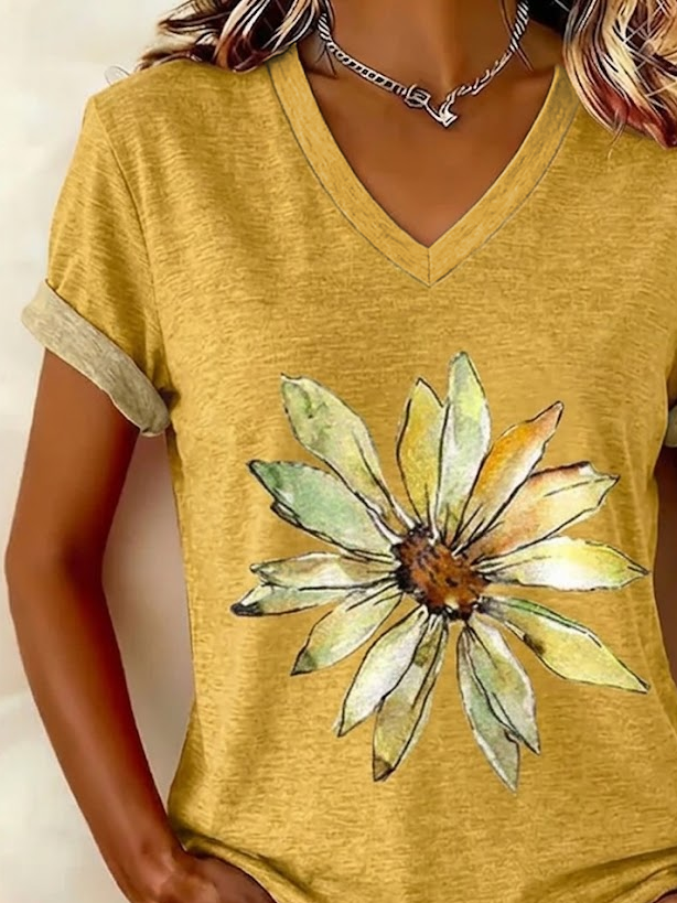 Women's Short Sleeve T-shirt Summer Yellow Floral Printing V Neck Holiday Going Out Vintage Top