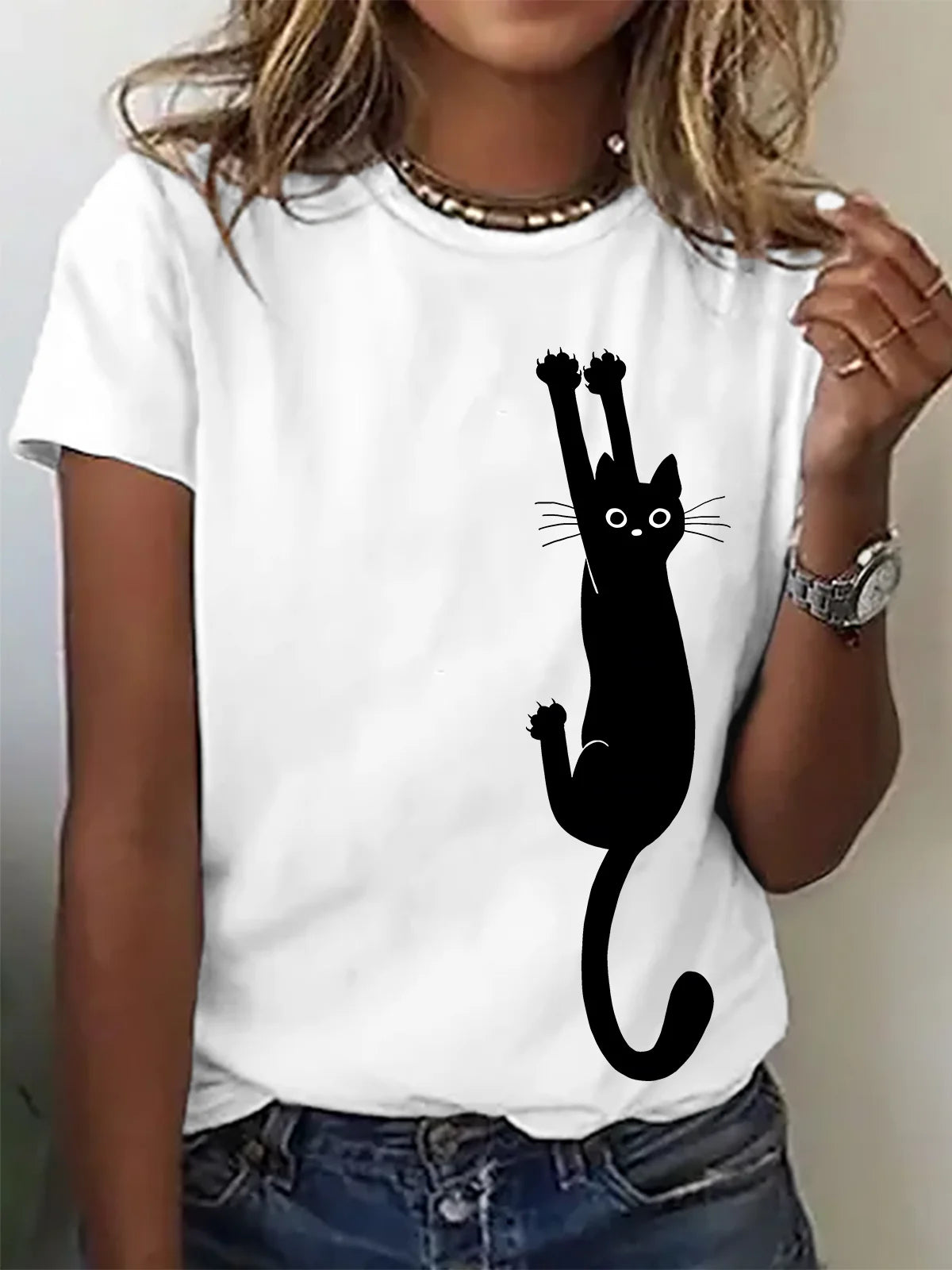 Black Cat Holding On Cotton T-shirt