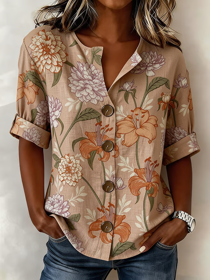 Women's Long Sleeve Shirt Spring/Fall As Picture Floral Buckle Stand Collar Daily Going Out Casual Top