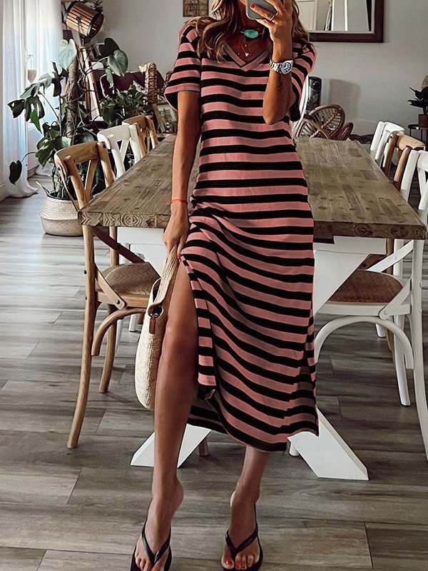 Women's Short Sleeve Summer White Striped Split Joint V Neck Daily Going Out Casual Maxi A-Line T-Shirt Dress Dress