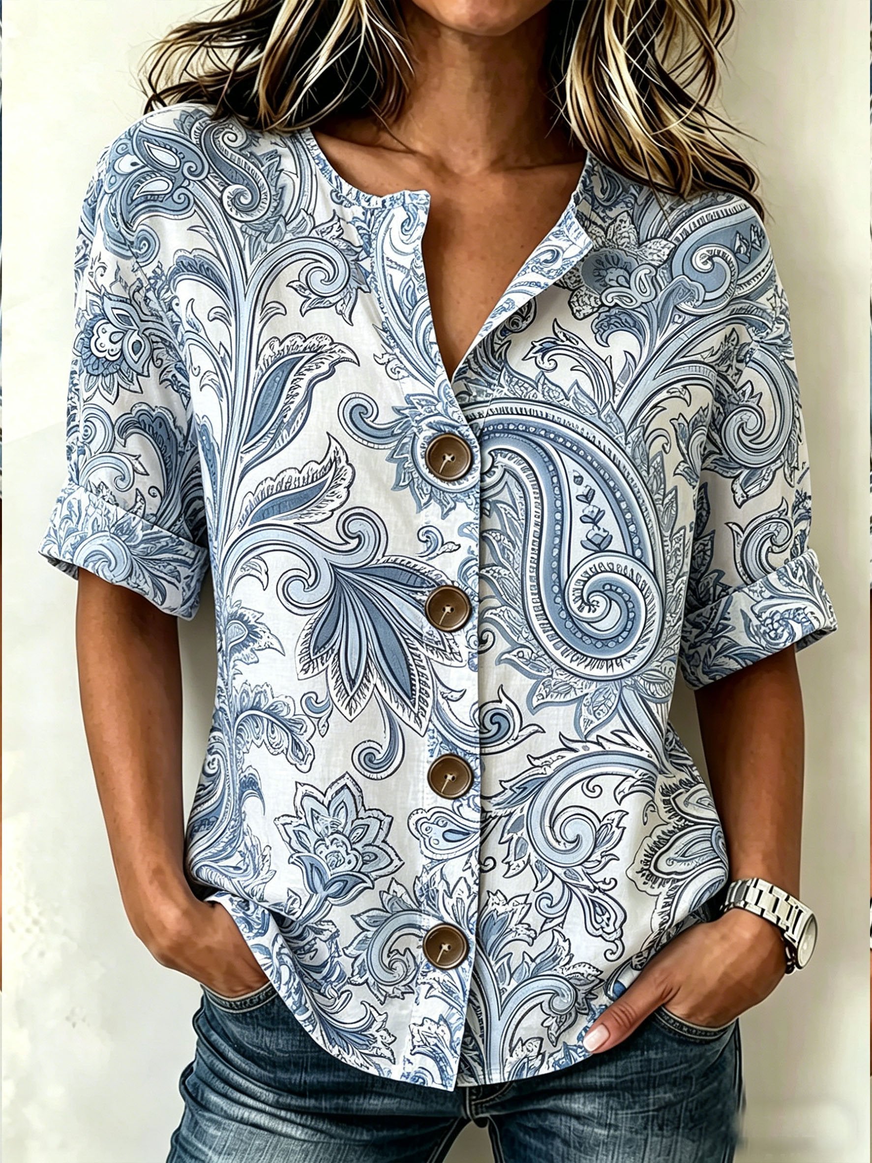 Vintage Paisley Cashew Floral Stand Collar Botton Spring Summer Linen Blend Casual Shirt