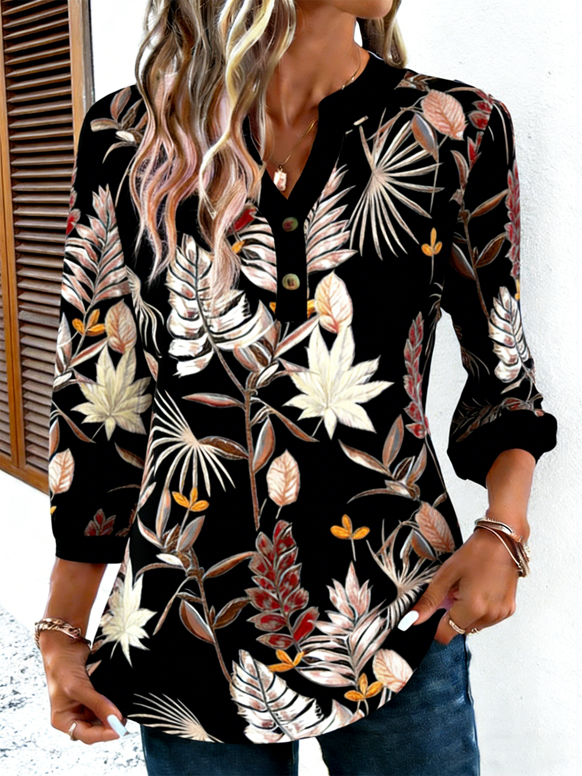 Floral Elegant Loose V Neck T-Shirt