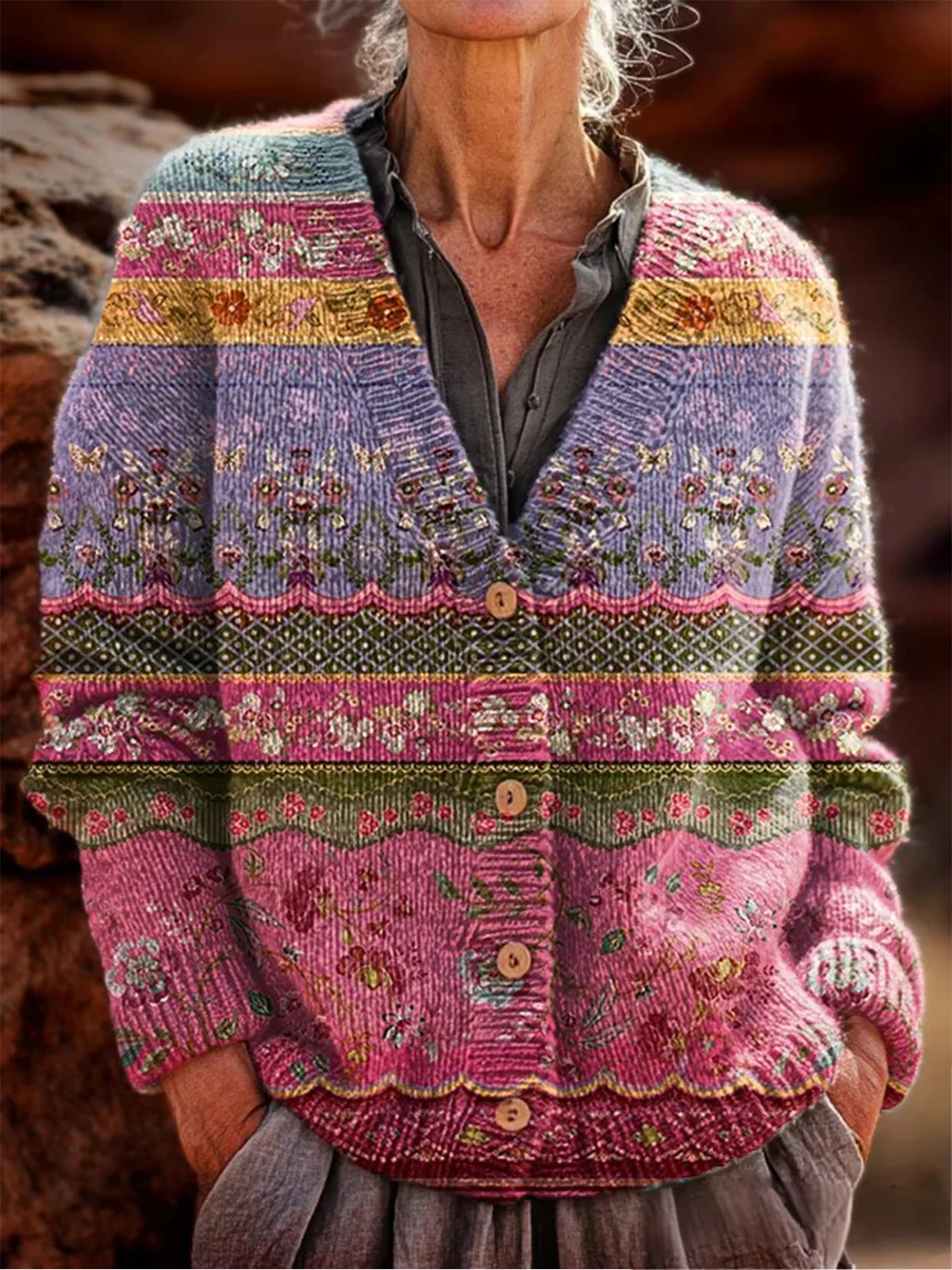 Women's Retro Floral Pattern V-Neck Cardigan Casual Comfort Regular Sweatshirt Jacket
