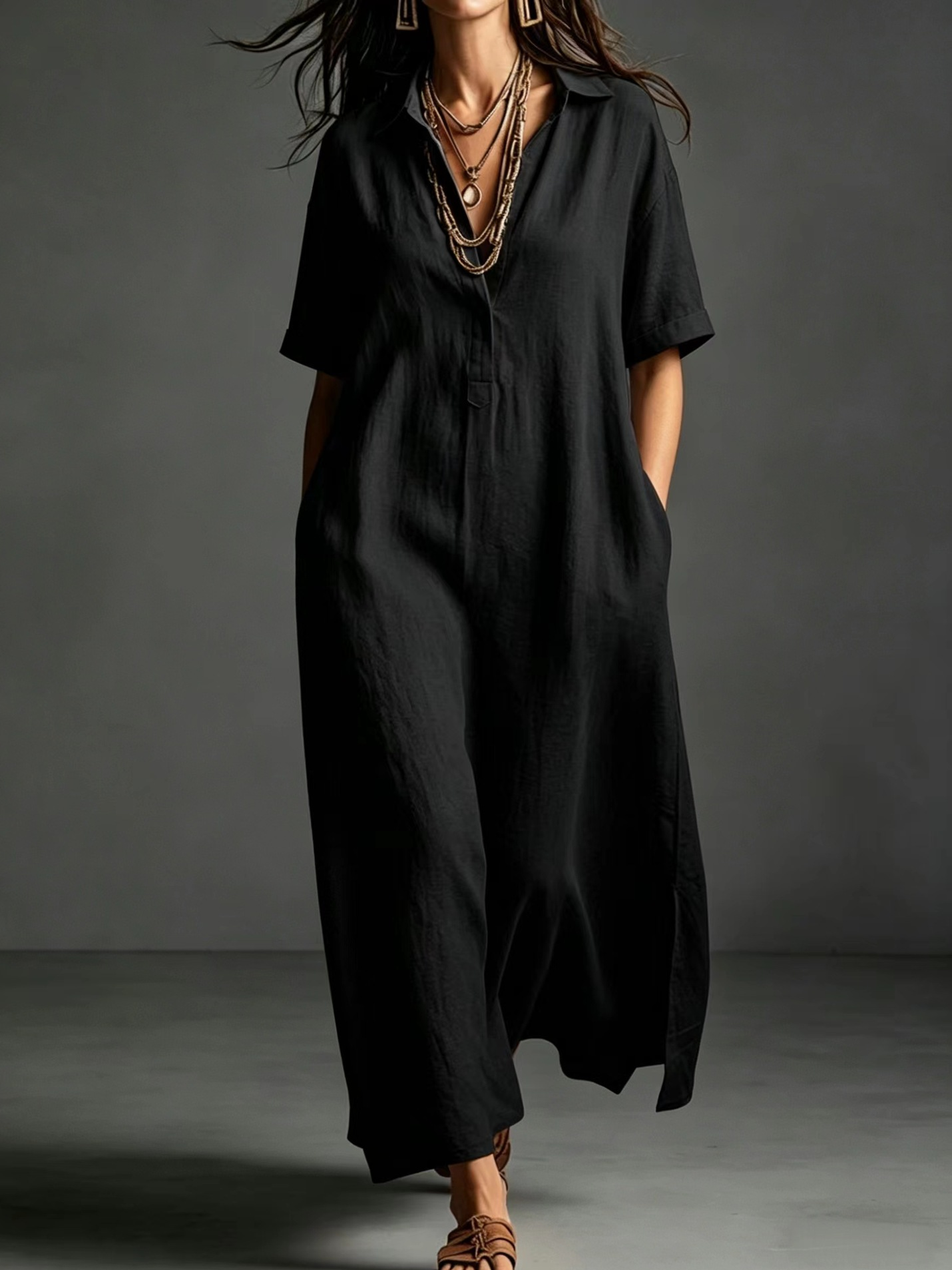 Casual Plain Shirt Collar Midi Dress