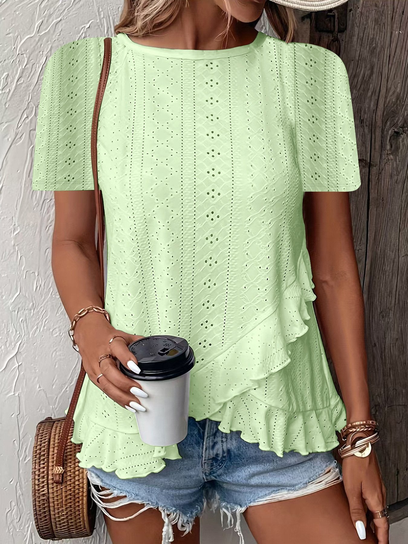 Women's Short Sleeve T-shirt Summer Sky Blue Plain Hollow Out Crew Neck Daily Going Out Casual Top