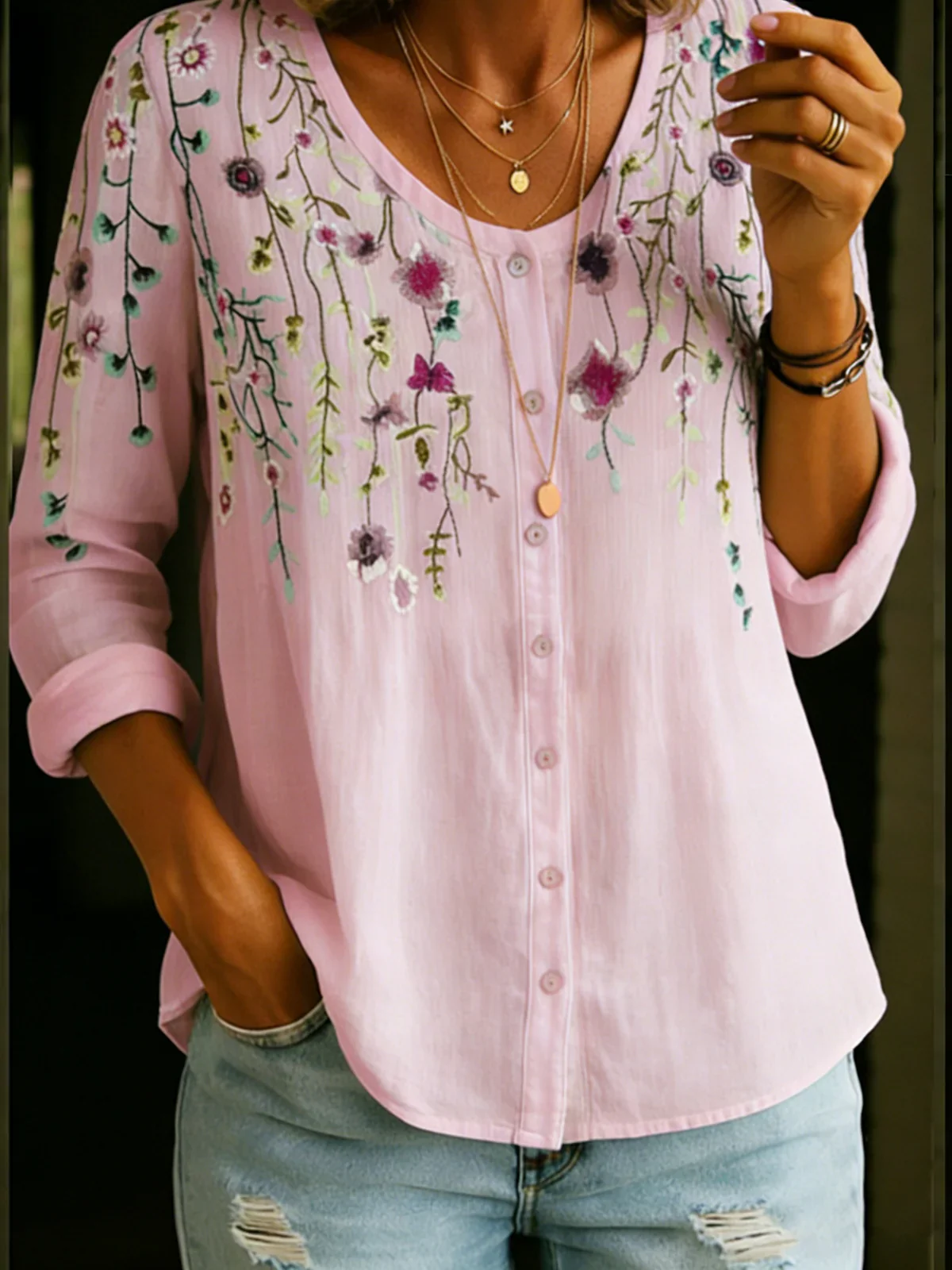 Women’s 3D Floral Print Button-Up Long Sleeve blouse