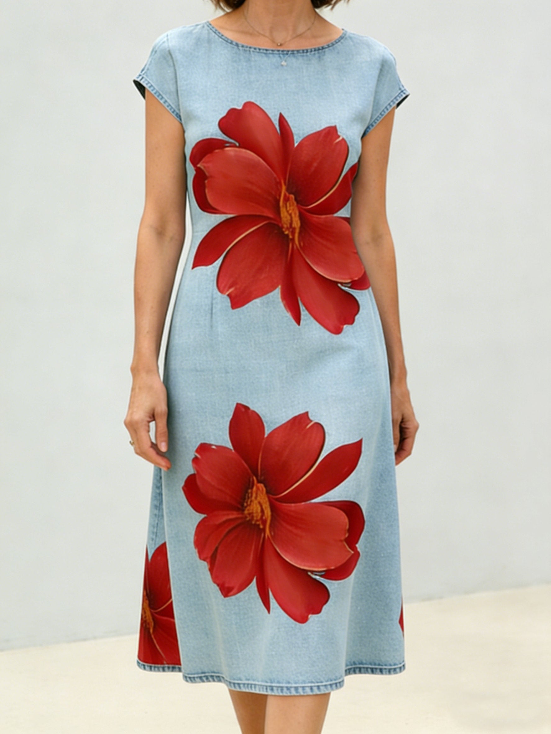 3D Printing Floral Crew Neck Short Sleeve Denim Look/Denim Effect Going Out Casual Dress