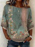 Women's Half Sleeve Blouse Summer Green Floral Printing Crew Neck Daily Going Out Vintage Top