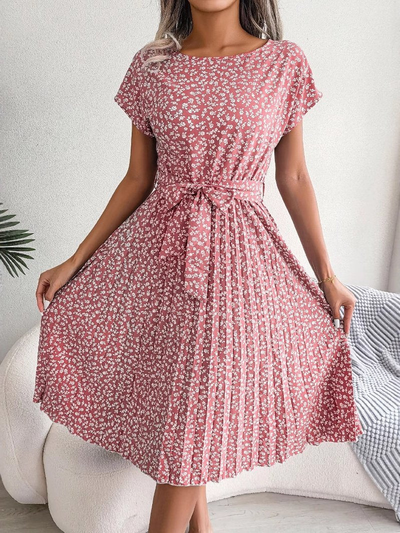 Women's Short Sleeve Summer Light Blue Floral Split Joint Crew Neck Daily Going Out Vintage Midi A-Line Pleated Dress