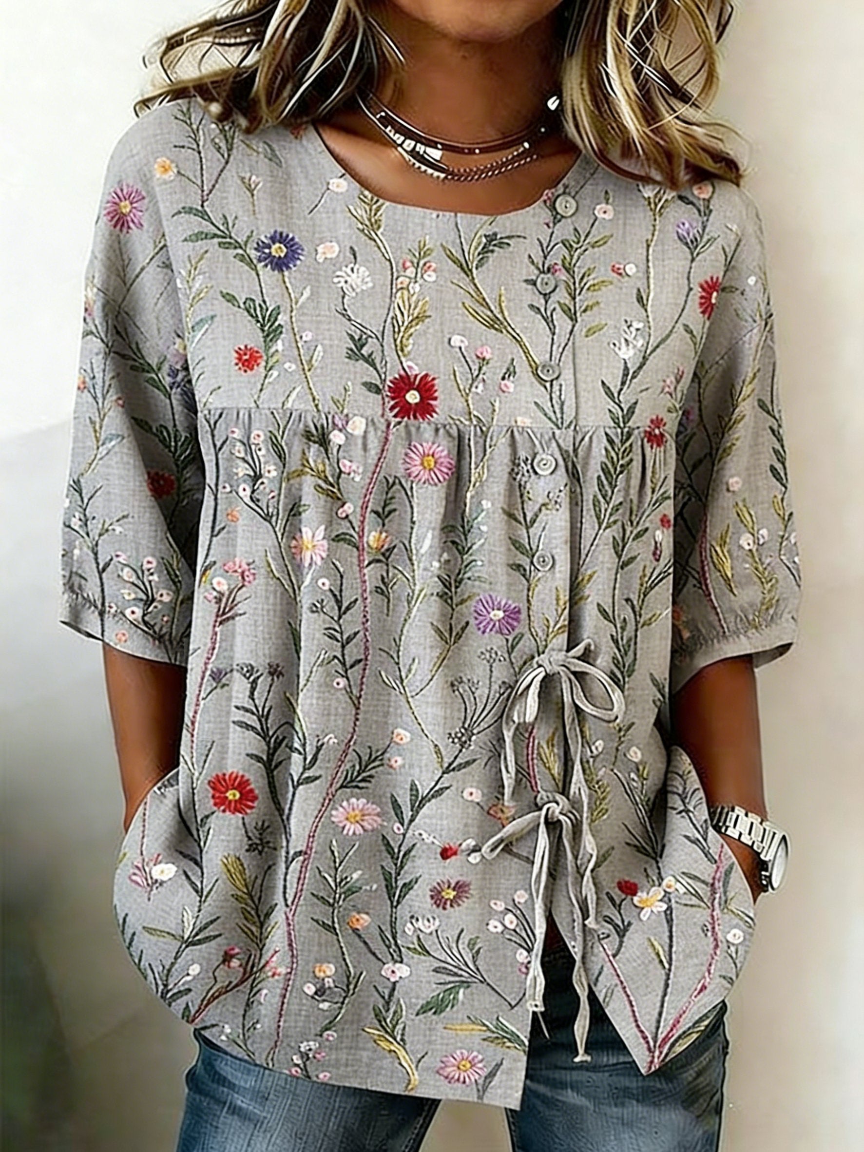 Vintage Crew Neck Linen Blend Floral Blouse