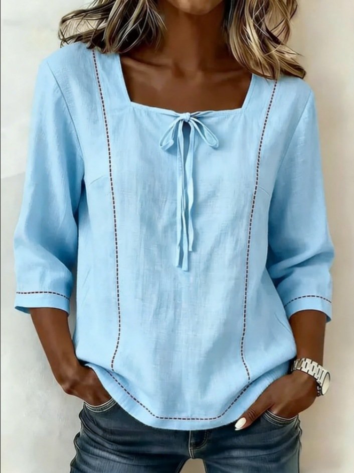 Plain Square Neck Loose Vintage Blouse