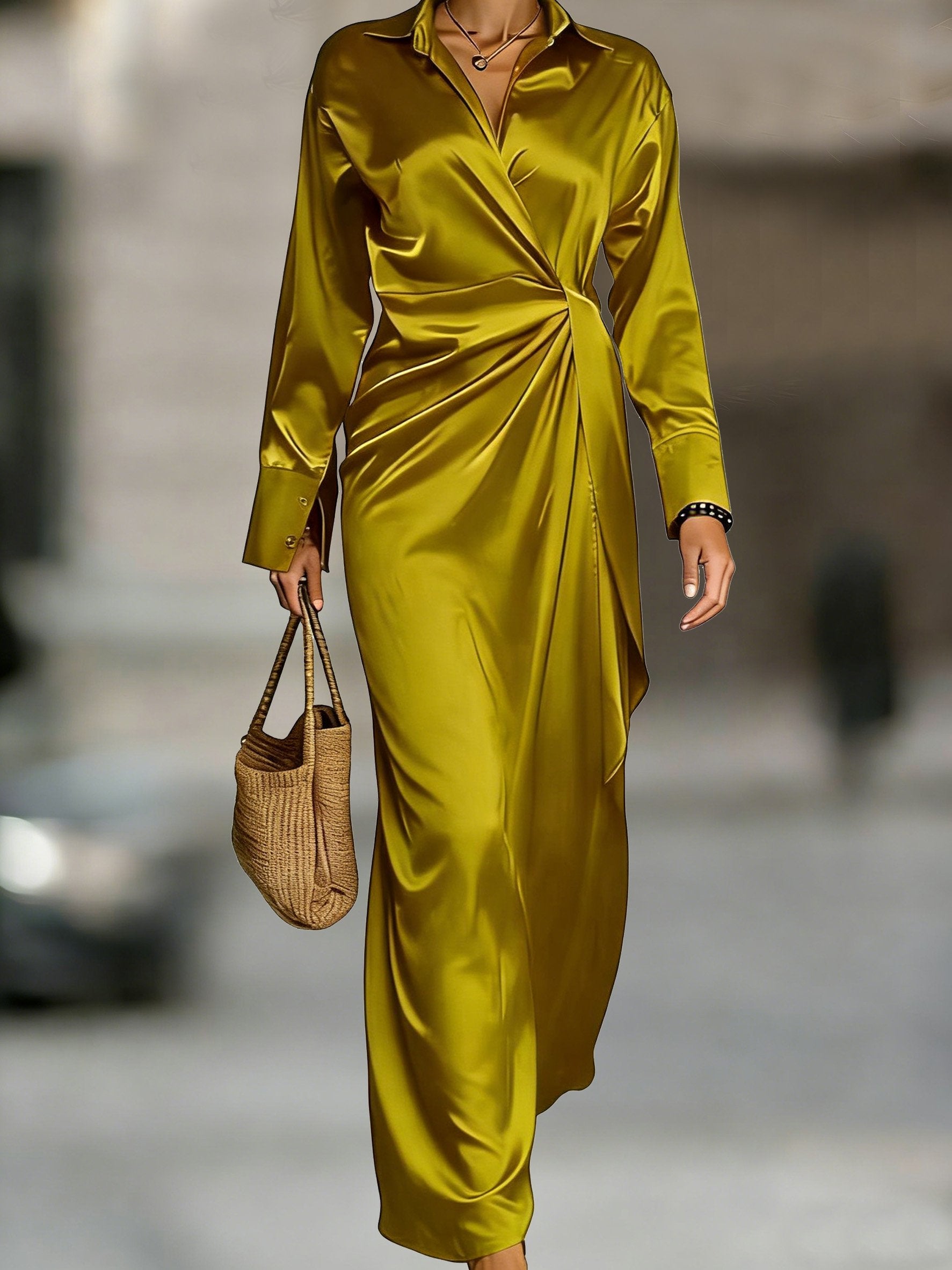 Stain Plain V Neck Long Sleeve Elegant Slit Maxi Dress