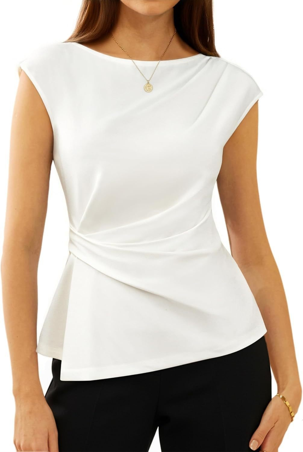 Tight Plain Asymmetrical Round Neck Sleeveless Wrinkle Fashion Daily Going Out Casual T-Shirt