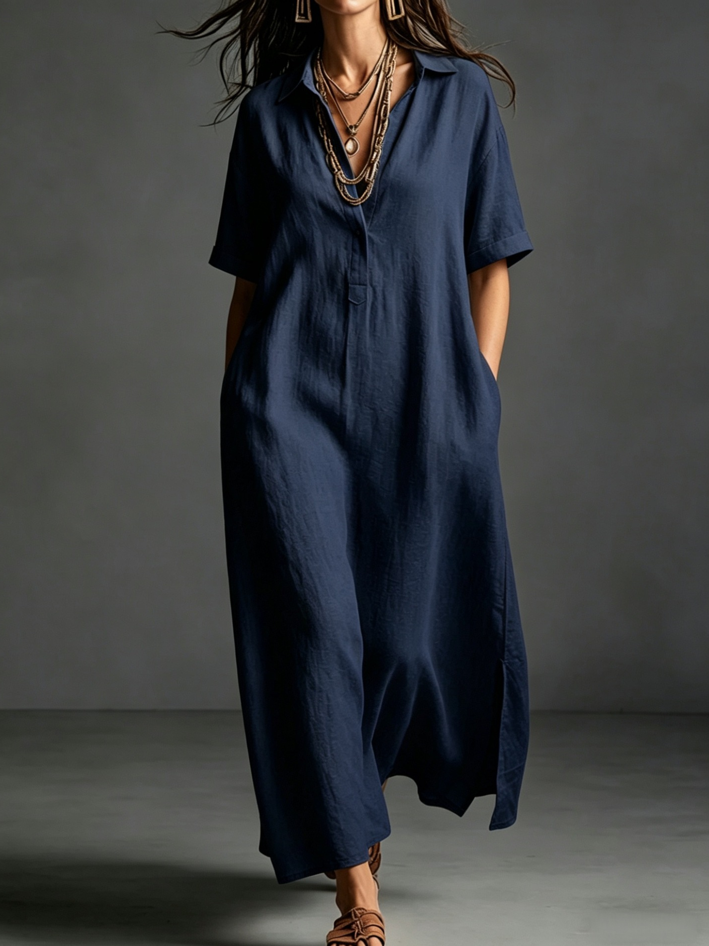 Casual Plain Shirt Collar Midi Dress