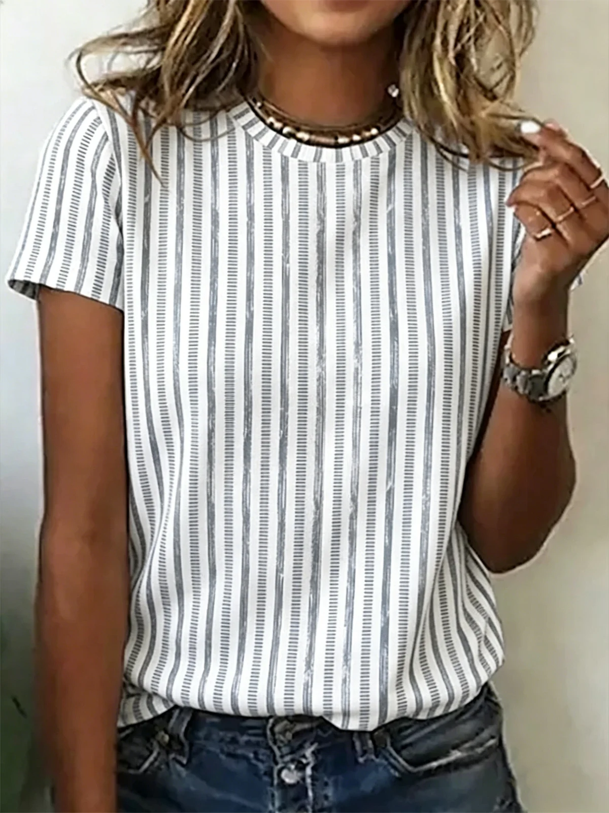 Brushstroke Stripe Print Crew Neck Short Sleeve Casual T-Shirt