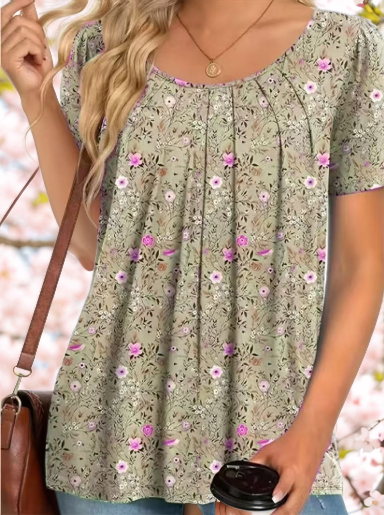 Flora Printing Puff Sleeve Crew Neck Going Out Spring Summer Casual Blouse