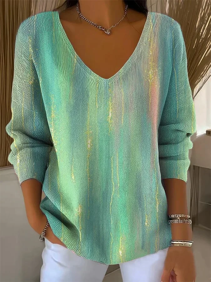 Women's Long Sleeve T-shirt Spring/Fall Green Abstract Printing V Neck Daily Going Out Casual Top