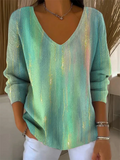 Women's Long Sleeve T-shirt Spring/Fall Green Abstract Printing V Neck Daily Going Out Casual Top