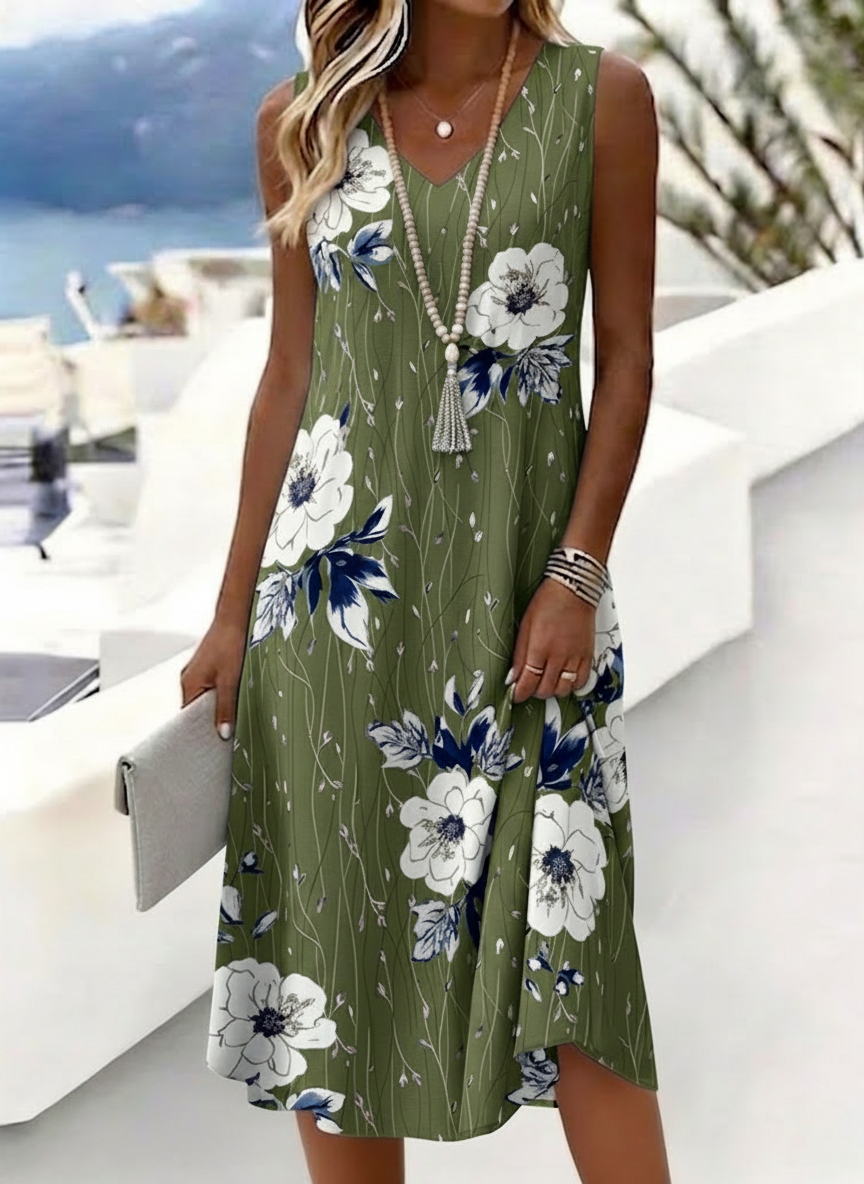 Women's Bold White Floral Print Sleeveless V-Neck Midi Dress Blue Casual Summer Tank Dress