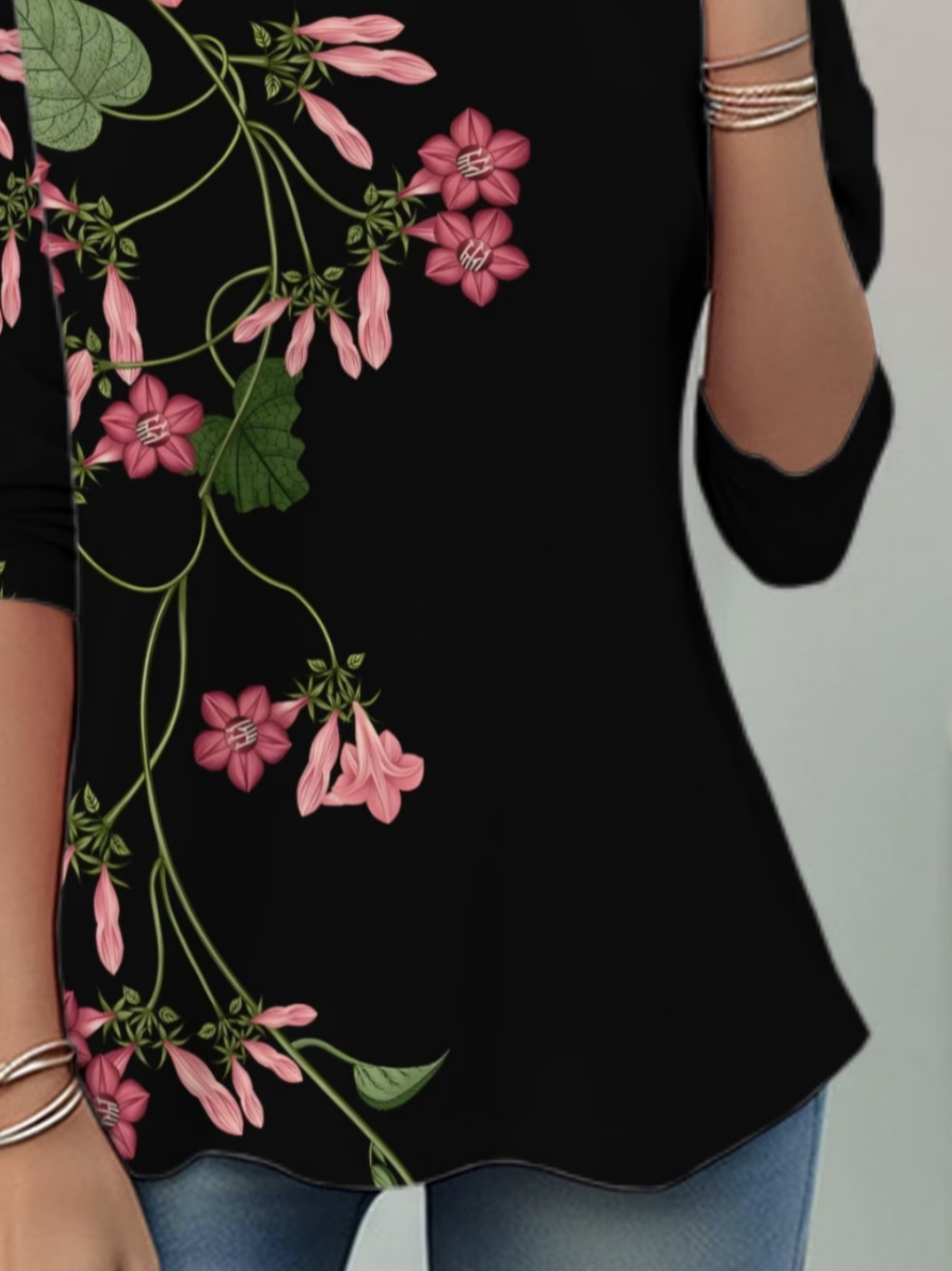 Women's Long Sleeve T-shirt Spring/Fall Black Floral Jersey Crew Neck Daily Going Out Casual Top