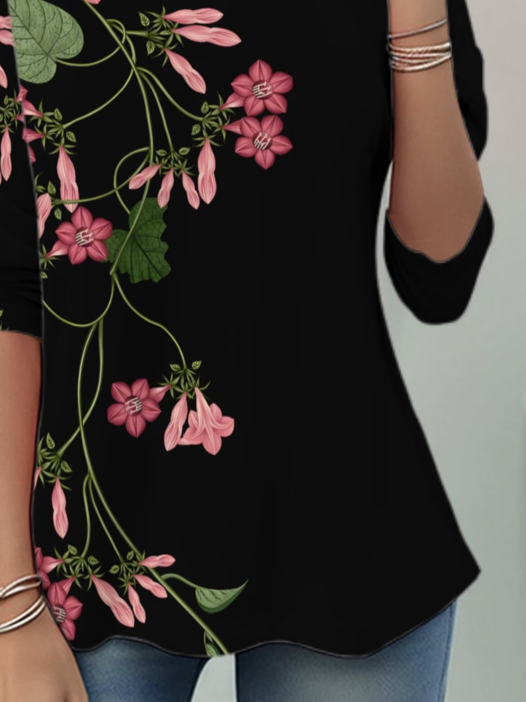 Women's Long Sleeve T-shirt Spring/Fall Black Floral Jersey Crew Neck Daily Going Out Casual Top
