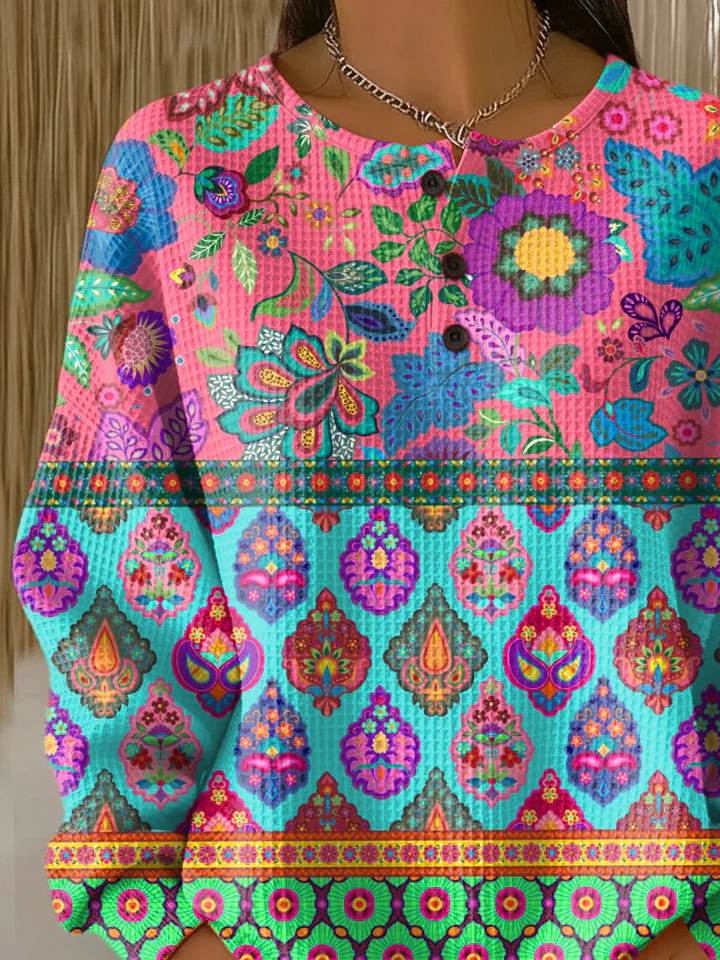 Women's Flowers Print Button-Up Casual Waffle Knit Sweatshirt