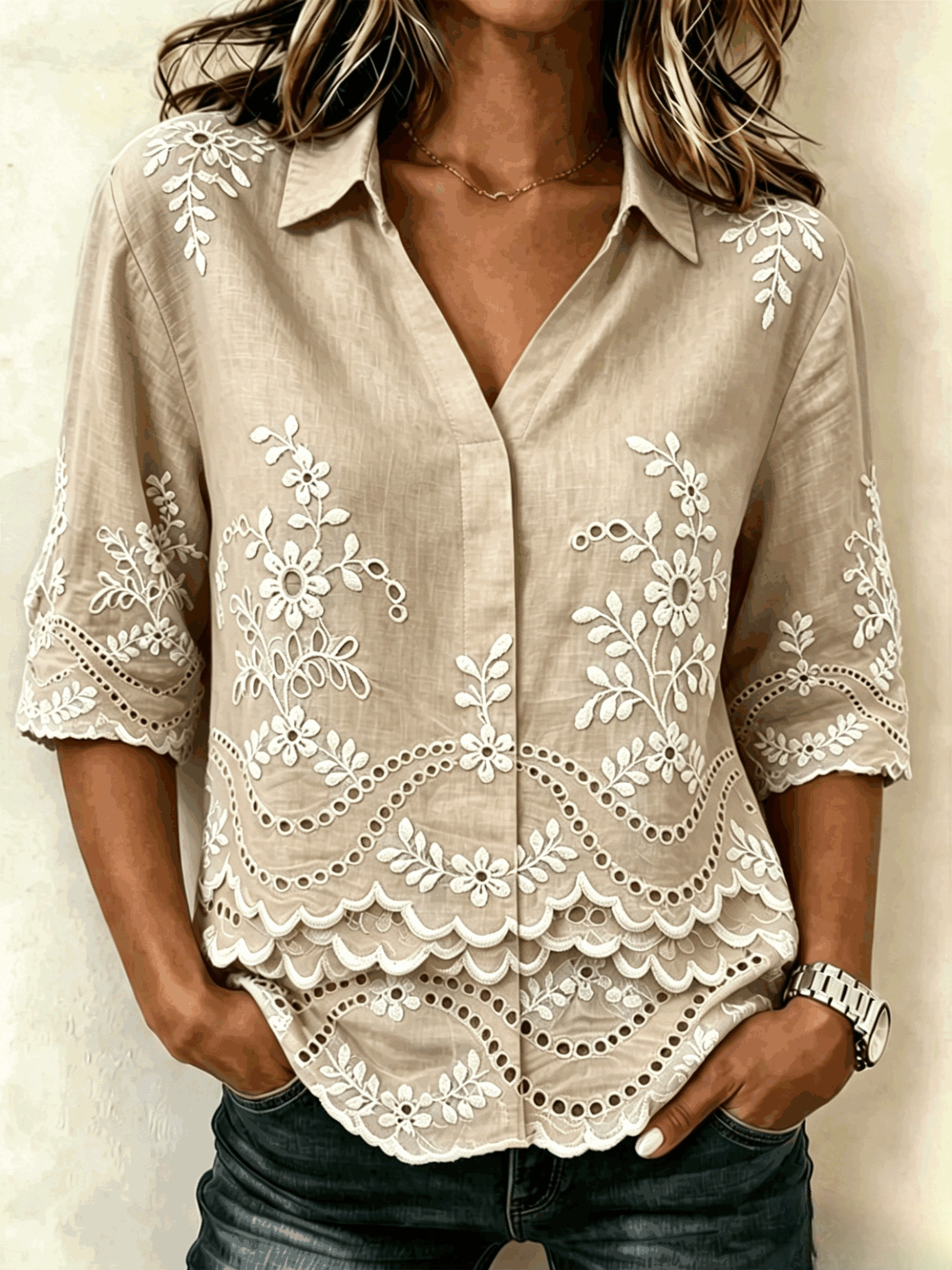 Women's Light Blue Floral Print Blouse Collared Short Sleeve Casual Loose Top