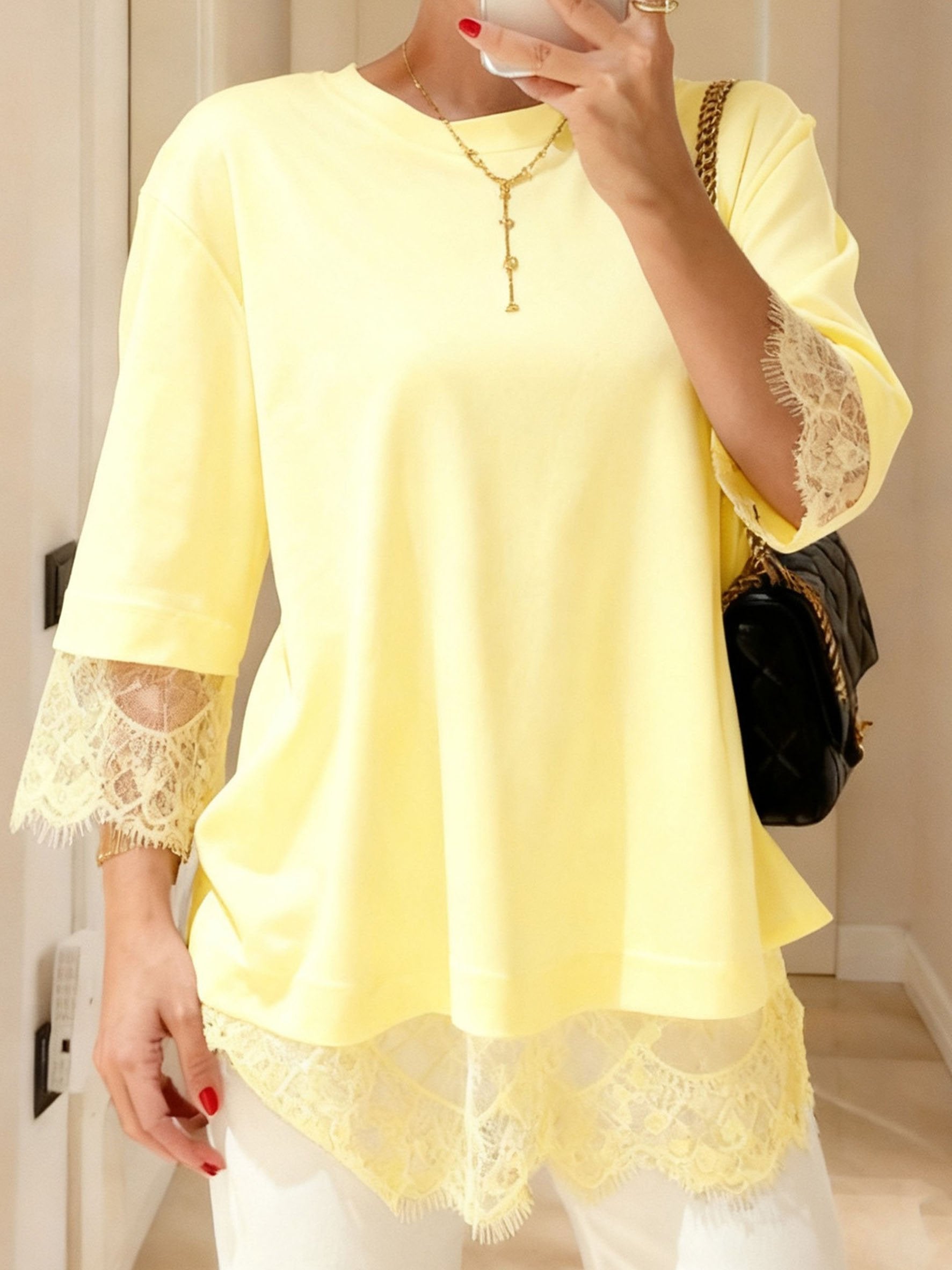 Elegant Plain Lace Patchwork Top Crew Neck Short Sleeve Casual Loose T-Shirt
