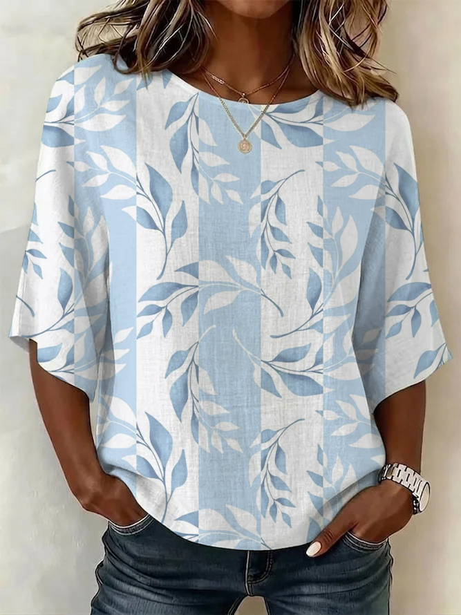 Women's Half Sleeve Blouse Summer Blue Floral Printing Crew Neck Daily Going Out Vintage Top