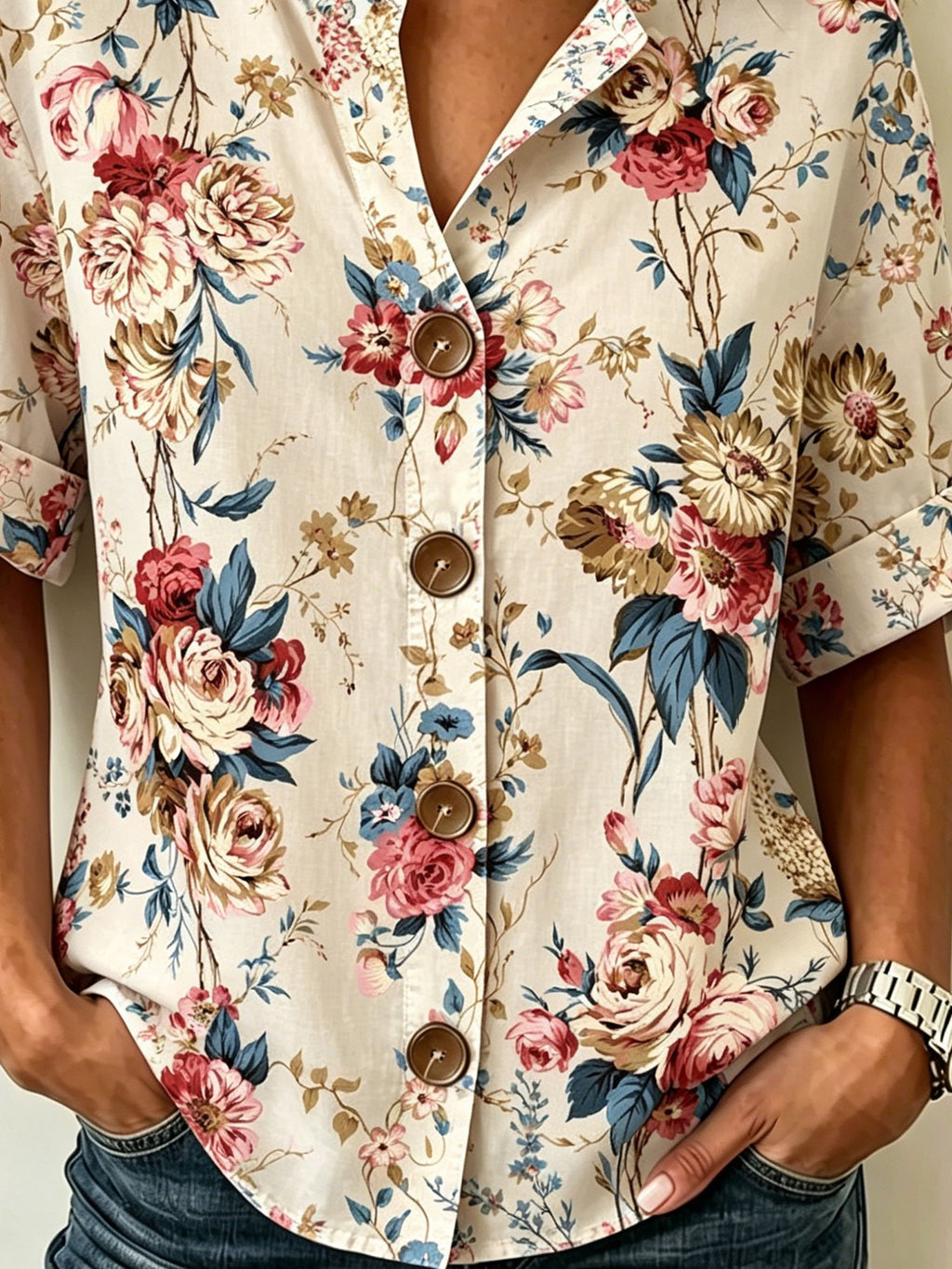 Vintage Floral Print Stand Collar Button Spring Summer Linen Blend Casual Shirt