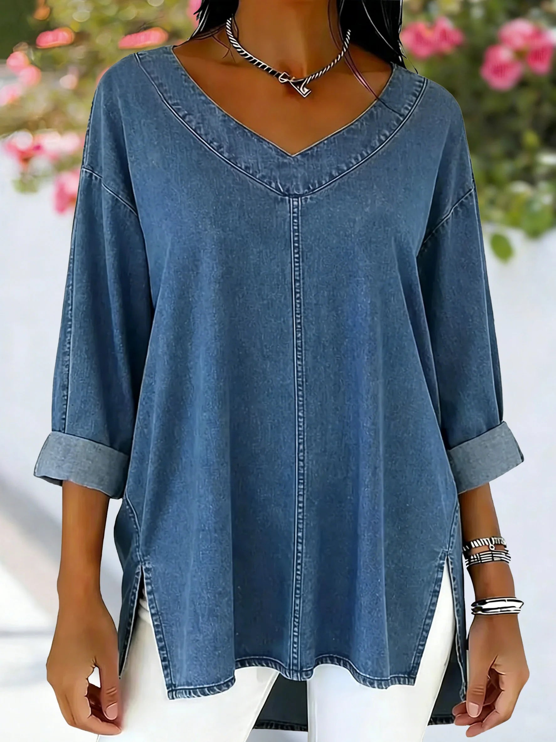 Denim Look/Denim Effect V Neck Ruffle Cuff Spring Summer Casual Top
